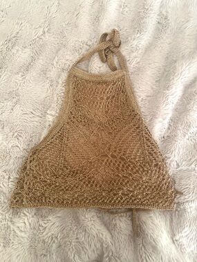 Princess Polly Metallic Gold Crochet Festival Halter Crop Top
